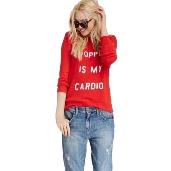 WILDFOX Shopping Is My Cardio Angora Blend Crewneck Sweater in Red S - Picture 1 of 10